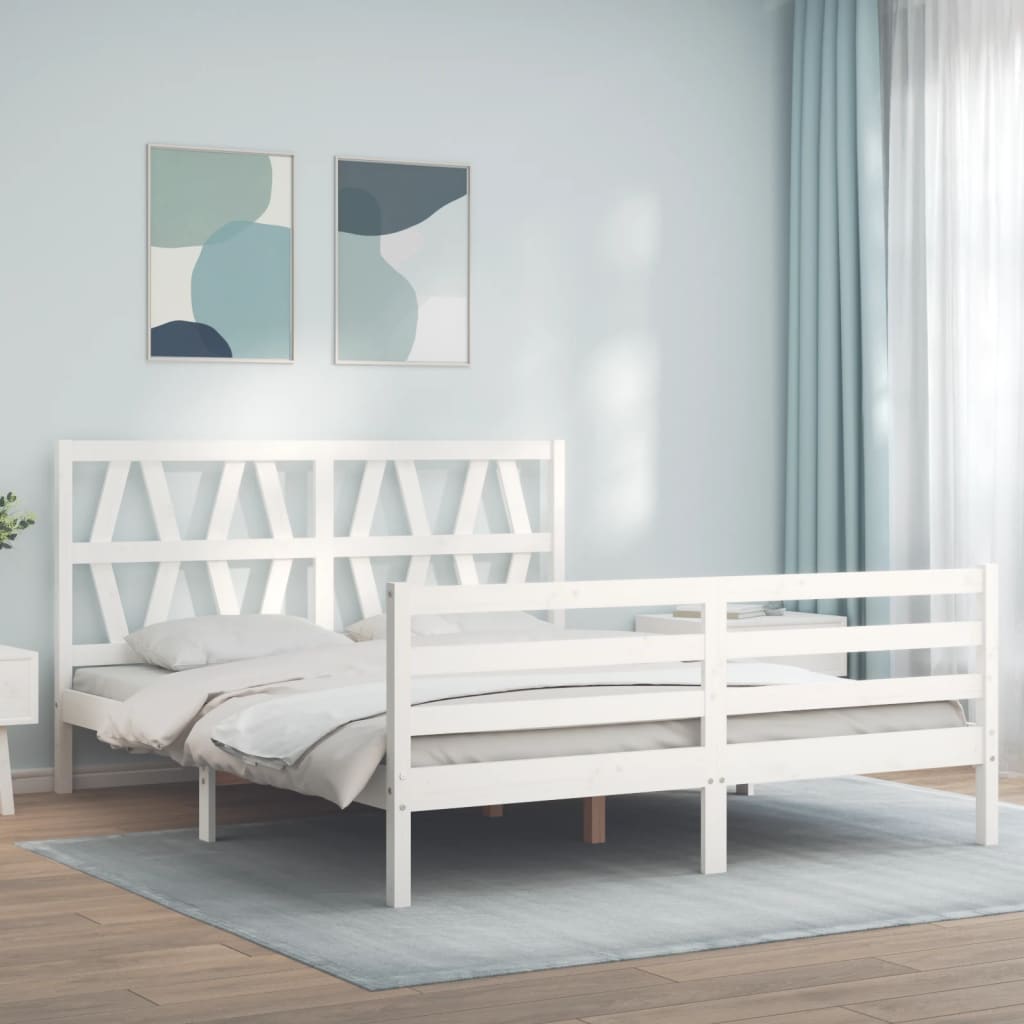Berkfield Bed Frame with Headboard White King Size Solid Wood