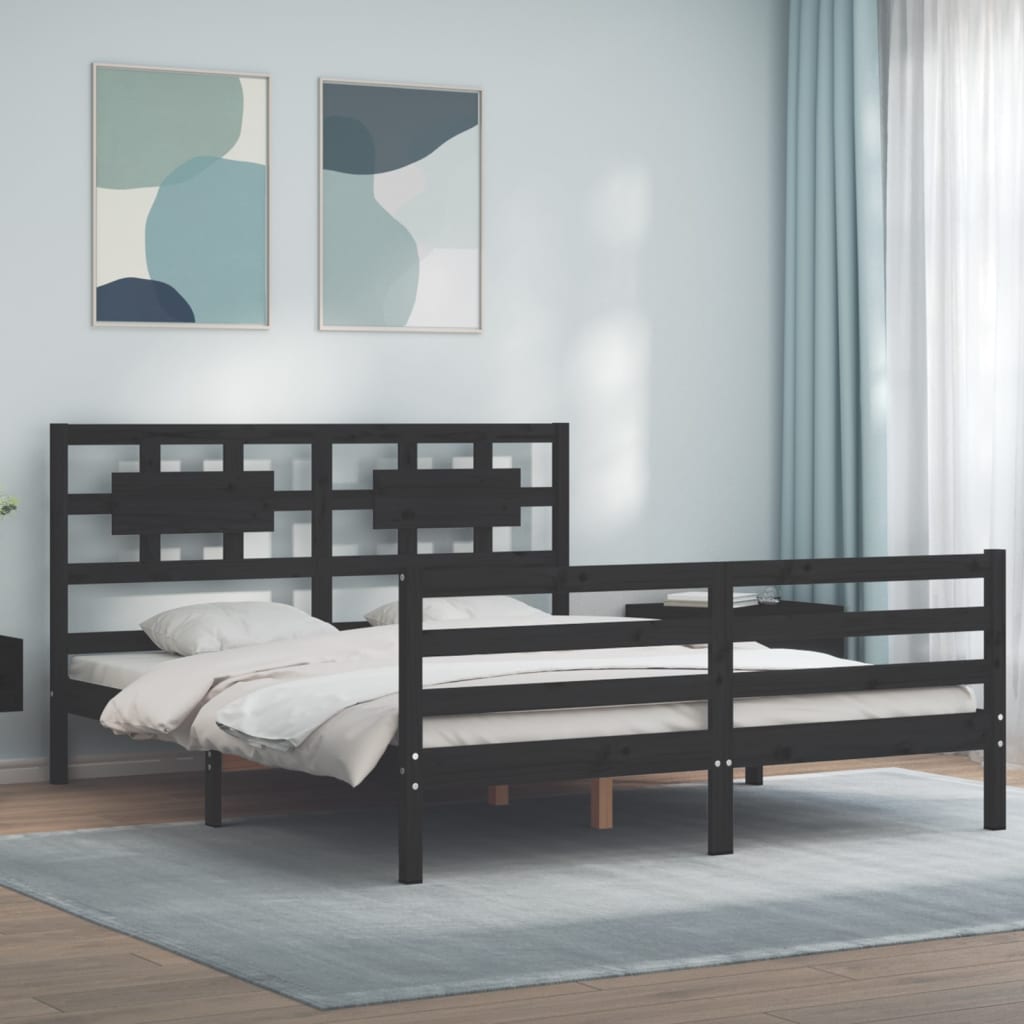 Berkfield Bed Frame with Headboard Black King Size Solid Wood