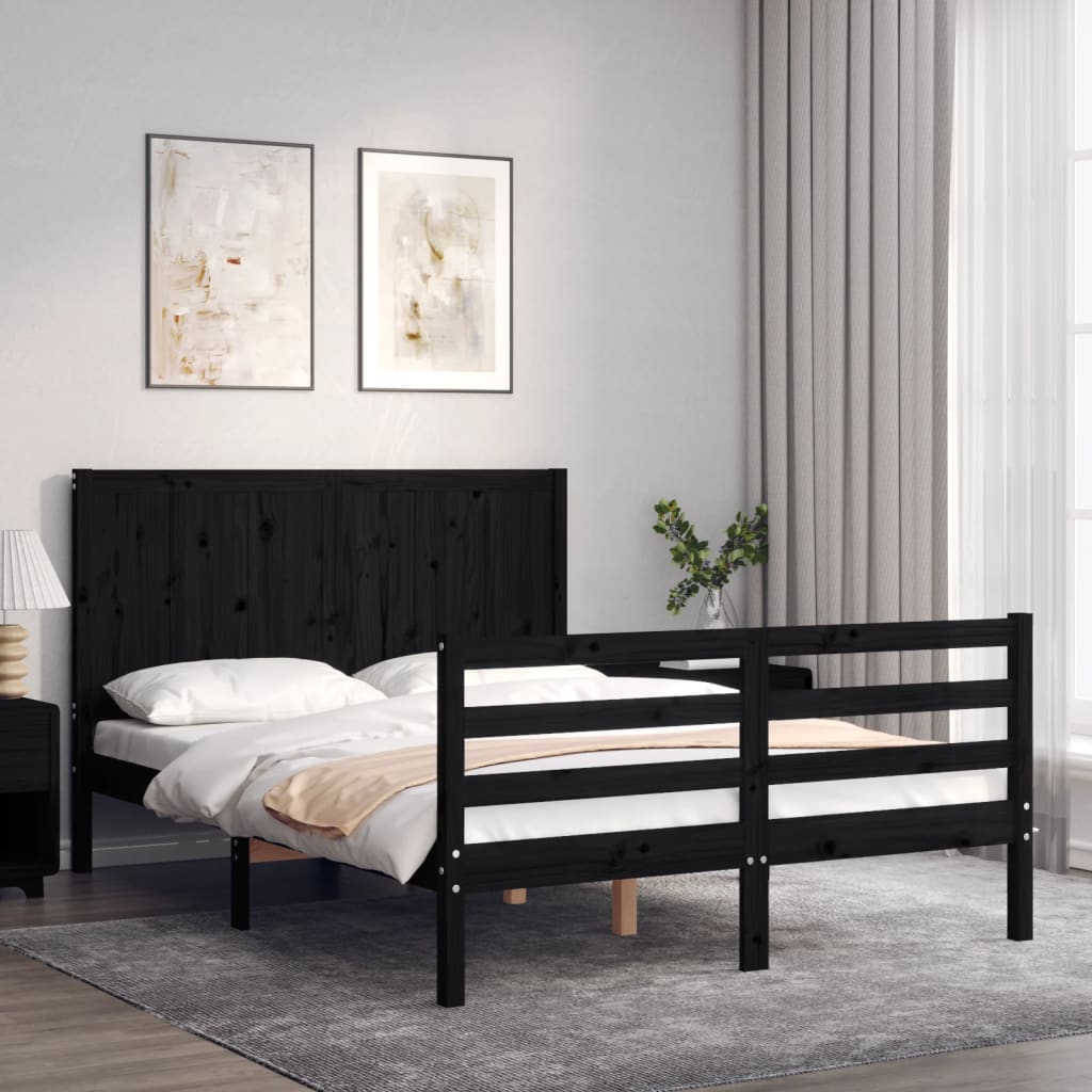 Berkfield Bed Frame with Headboard Black Small Double Solid Wood