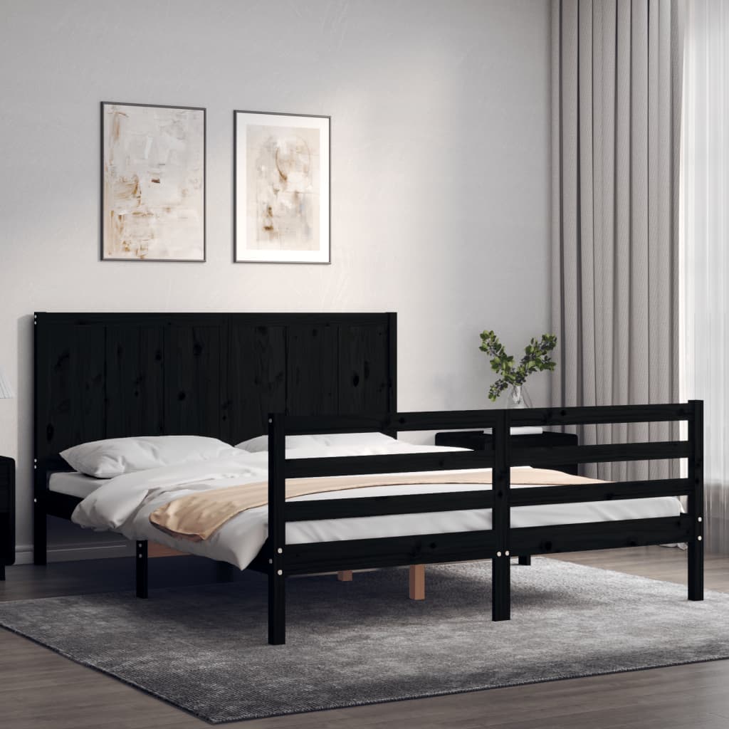 Berkfield Bed Frame with Headboard Black King Size Solid Wood