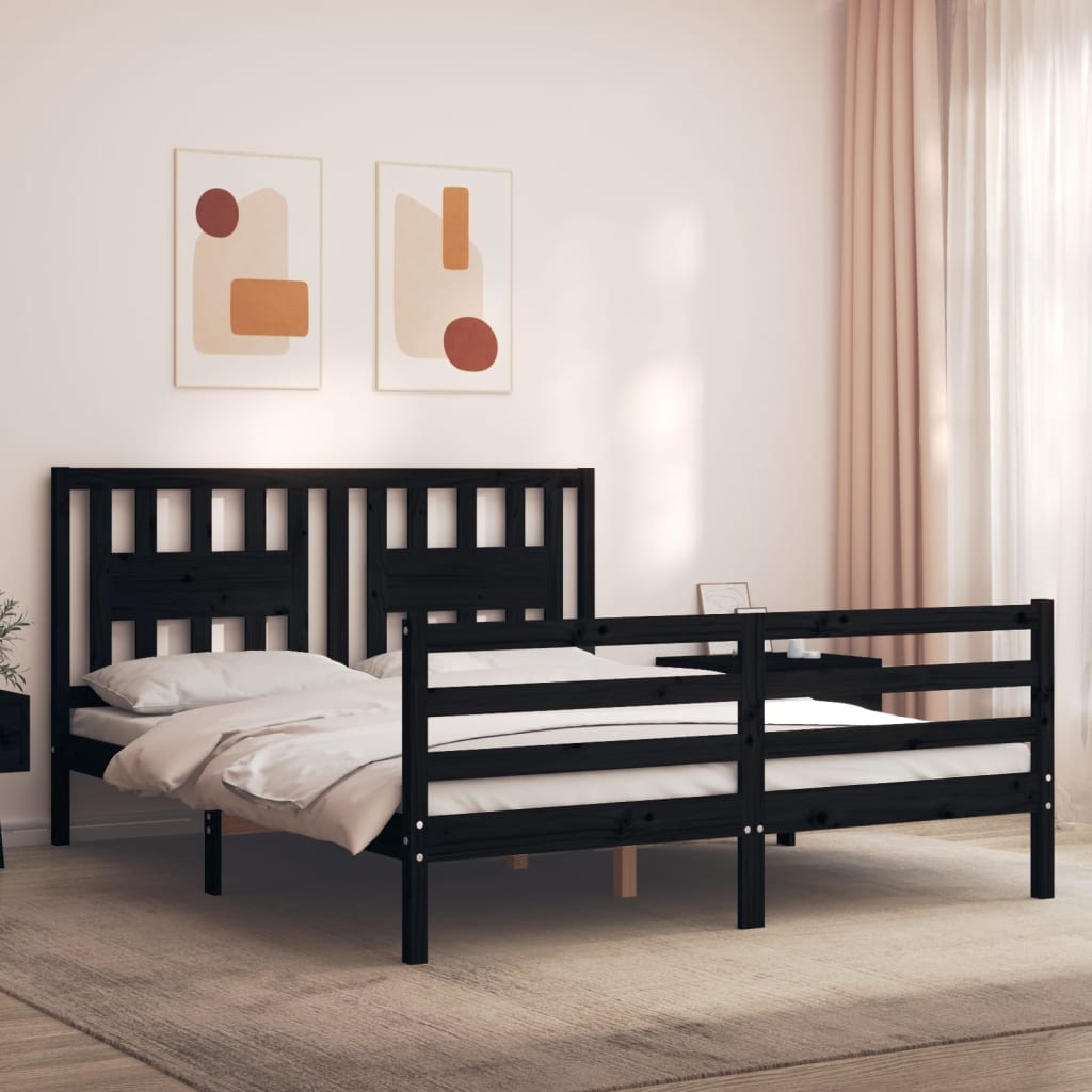 Berkfield Bed Frame with Headboard Black King Size Solid Wood