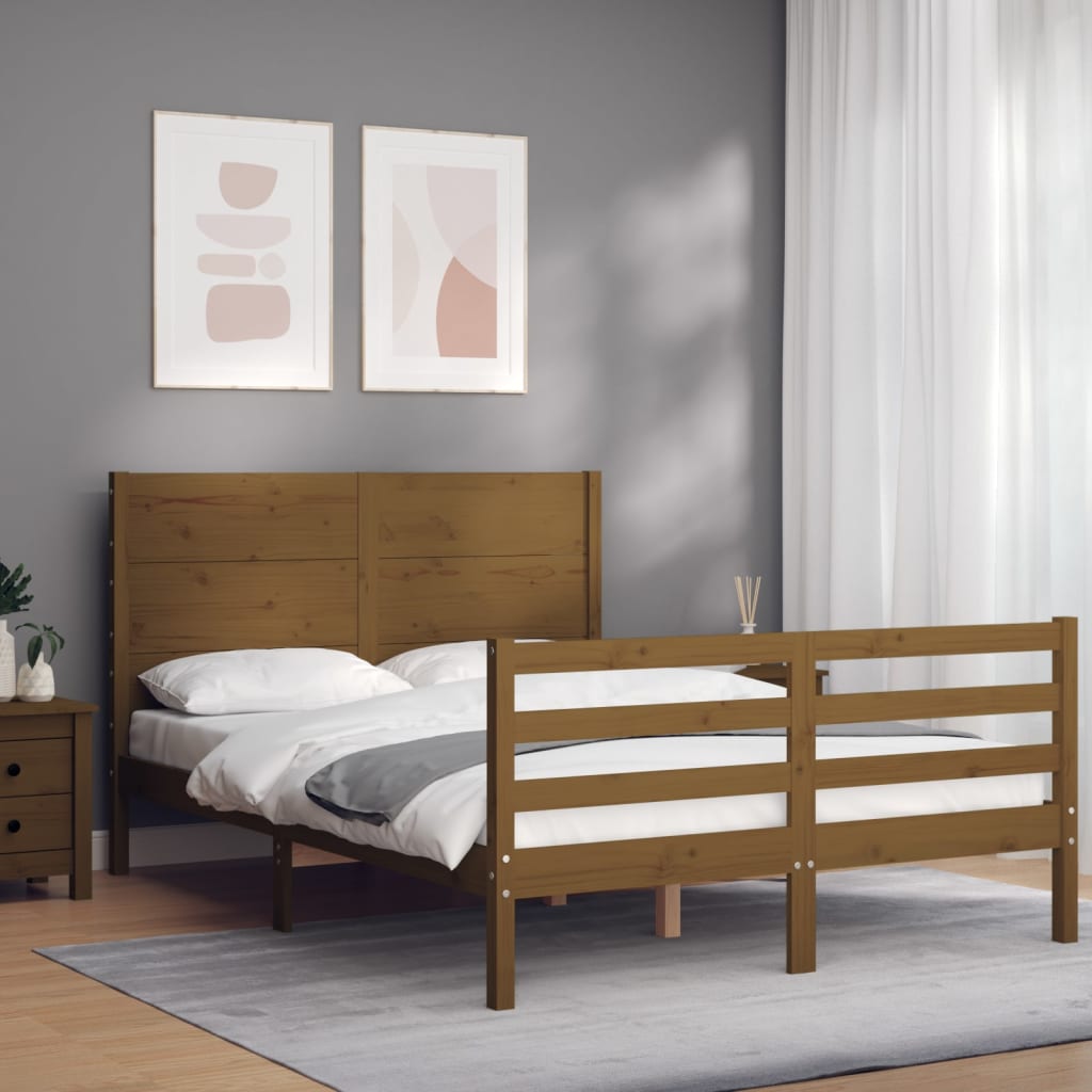 Berkfield Bed Frame with Headboard Honey Brown Double Solid Wood