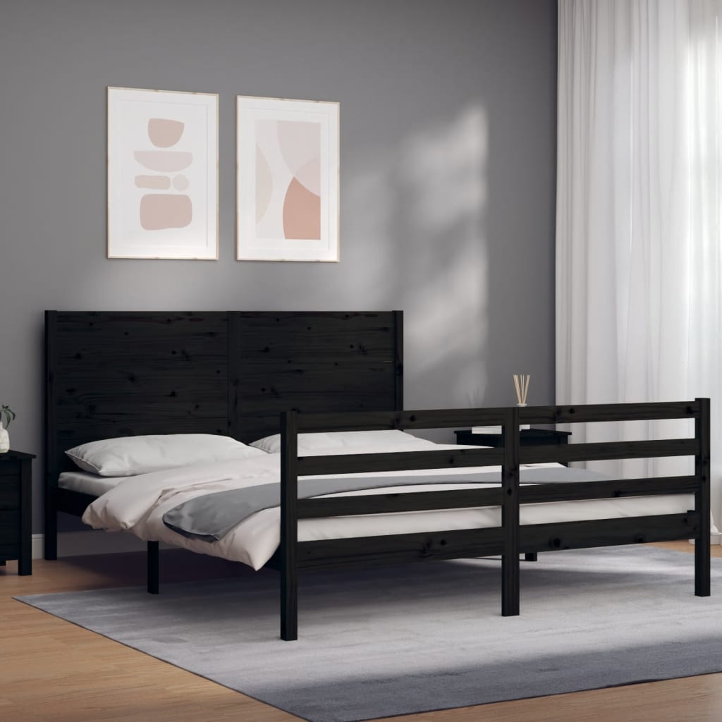 Berkfield Bed Frame with Headboard Black King Size Solid Wood