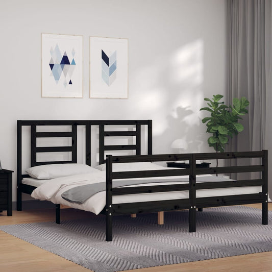 Berkfield Bed Frame with Headboard Black King Size Solid Wood