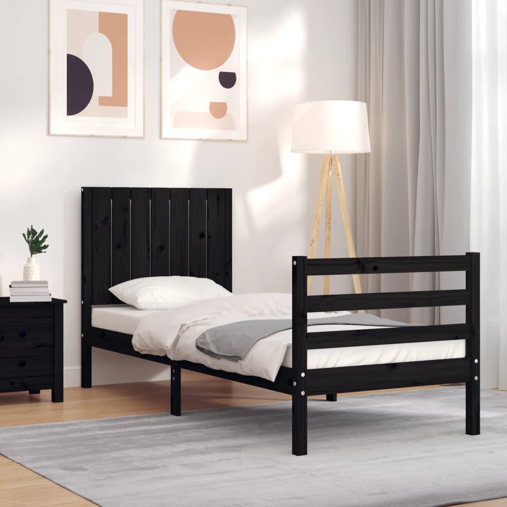 Berkfield Bed Frame with Headboard Black Small Single Solid Wood