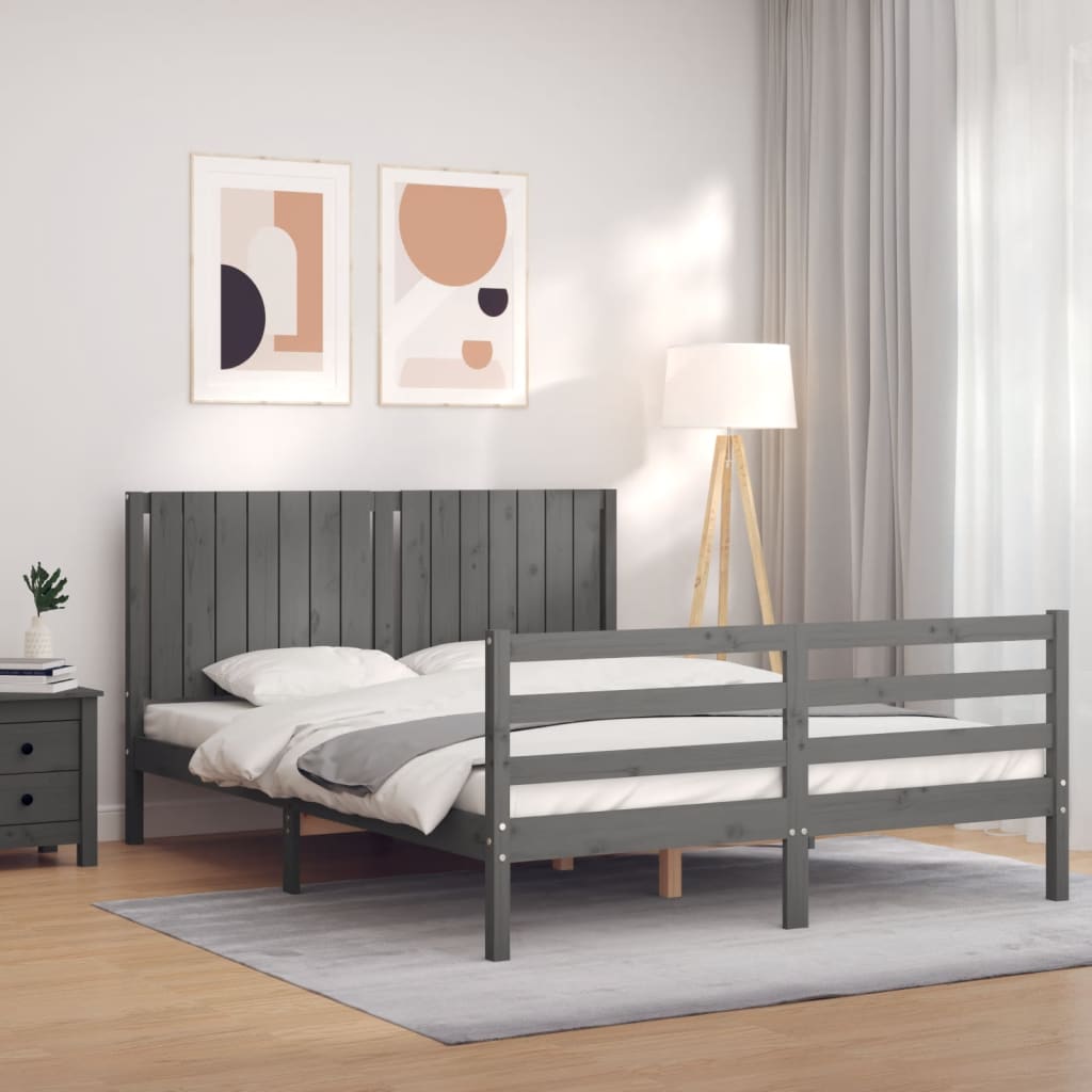 Berkfield Bed Frame with Headboard Grey King Size Solid Wood