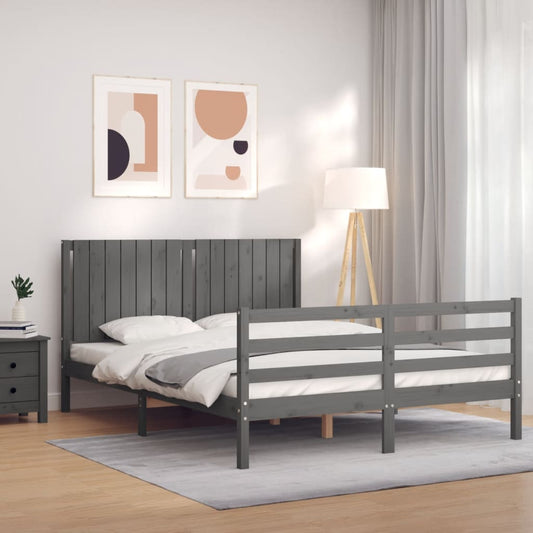 Berkfield Bed Frame with Headboard Grey King Size Solid Wood