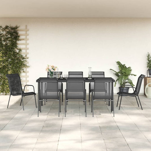 Berkfield 9 Piece Garden Dining Set Black Steel and Textilene