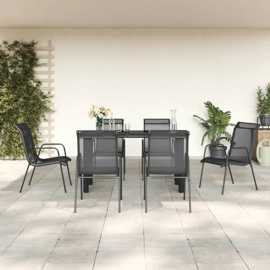 Berkfield 7 Piece Garden Dining Set Black Steel and Textilene