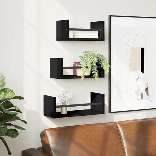 Berkfield 3 Piece Wall Shelf Set with Bars Black Engineered wood