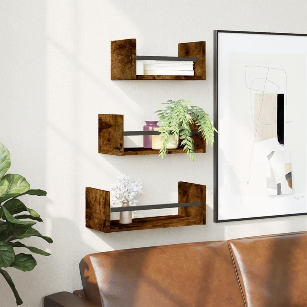 Berkfield 3 Piece Wall Shelf Set with Bars Smoked Oak Engineered wood