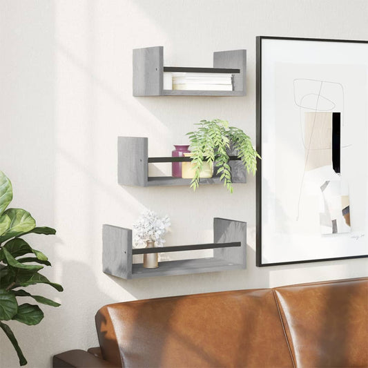 Berkfield 3 Piece Wall Shelf Set with Bars Grey Sonoma Engineered wood