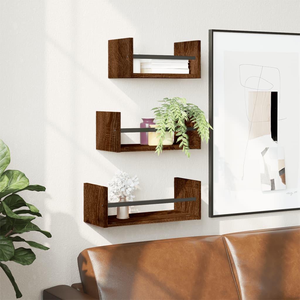 Berkfield 3 Piece Wall Shelf Set with Bars Brown Oak Engineered wood